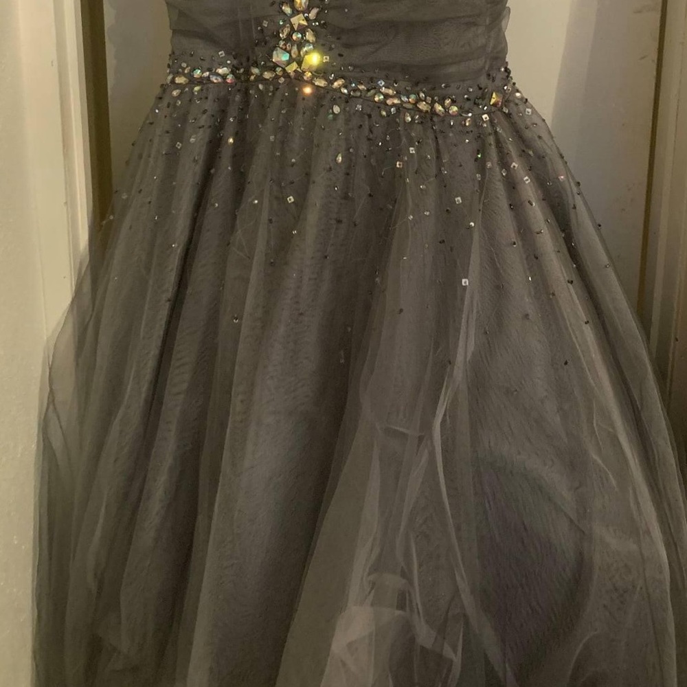 Gray, jeweled, trumpet gown - Picture 2 of 2